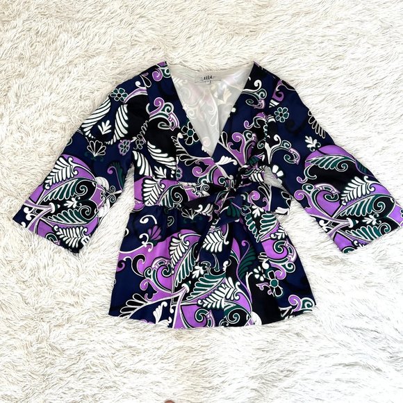 EUC Tibi Silk Paisley Navy & Purple Tie Front Tunic Top 3/4 Sleeve Sz Small - Picture 2 of 13